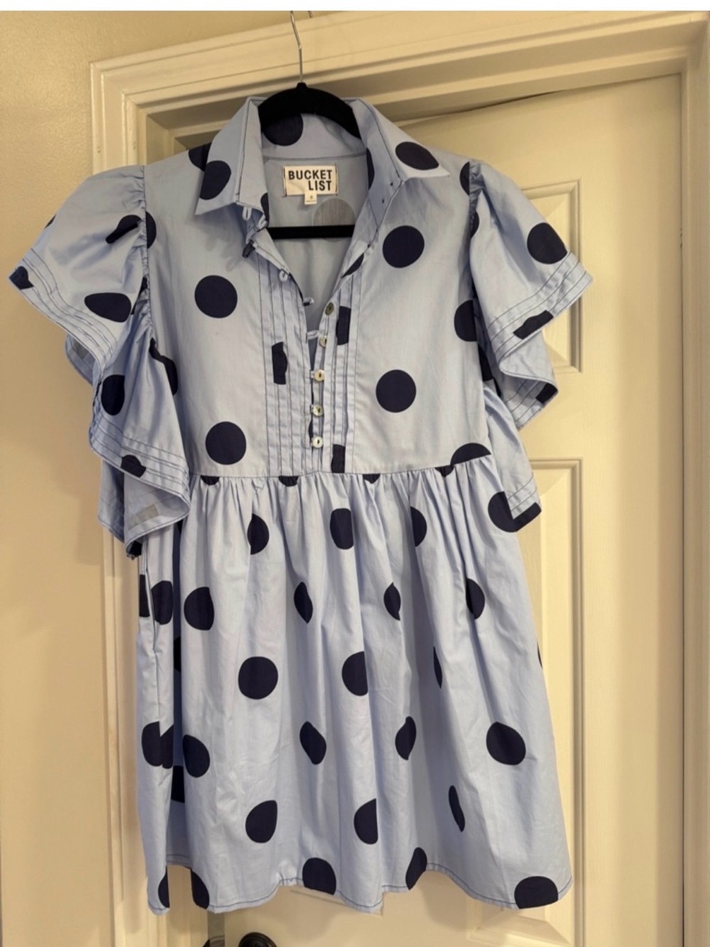 BUCKETLIST Light Blue Mini Dress with Navy Polka Dots